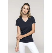 KA394 LADIES' PIQUÉ KNIT V-NECK T-SHIRT, Navy/Light Grey/White